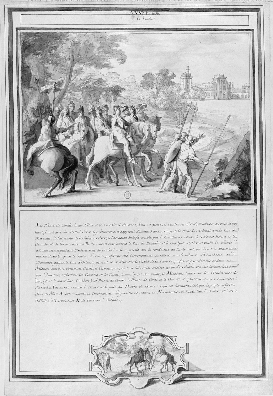 لويس الثاني دي بوربون (1621-86) أمير كوندي مع شقيقه أرماند دي بوربون (1629-66) أمير كونتي وهنري الثاني دي لونجفيل (1595-1663) دوق إستوتفيل يركب إلى فينسينز ، 18 يناير بواسطة المدرسة الفرنسية