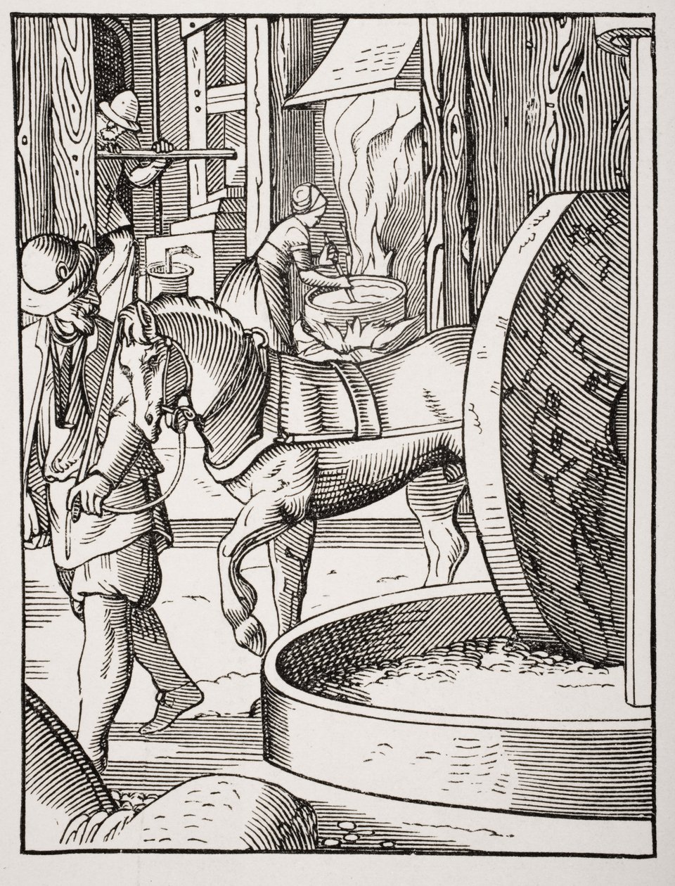 تصنيع النفط ، بعد رسم توضيحي من القرن السادس عشر رسمه ونقشه جوست عمان (1539-1591) من "Le Moyen Age et La Renaissance" بواسطة Paul Lacroix (1806-84) نشر عام 1847 بواسطة المدرسة الفرنسية