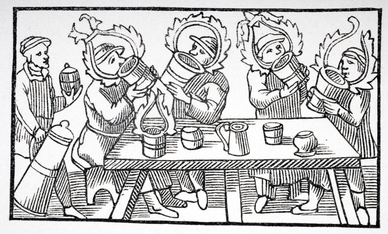 الرجال يشربون ، رسم توضيحي من "وصف الشمال" بقلم Olaus Magnus (1490-1557) منشور في روما ، 1555 ، من Moyen Age et la Renaissance "بقلم بول لاكروا (1806-84) بواسطة المدرسة الفرنسية