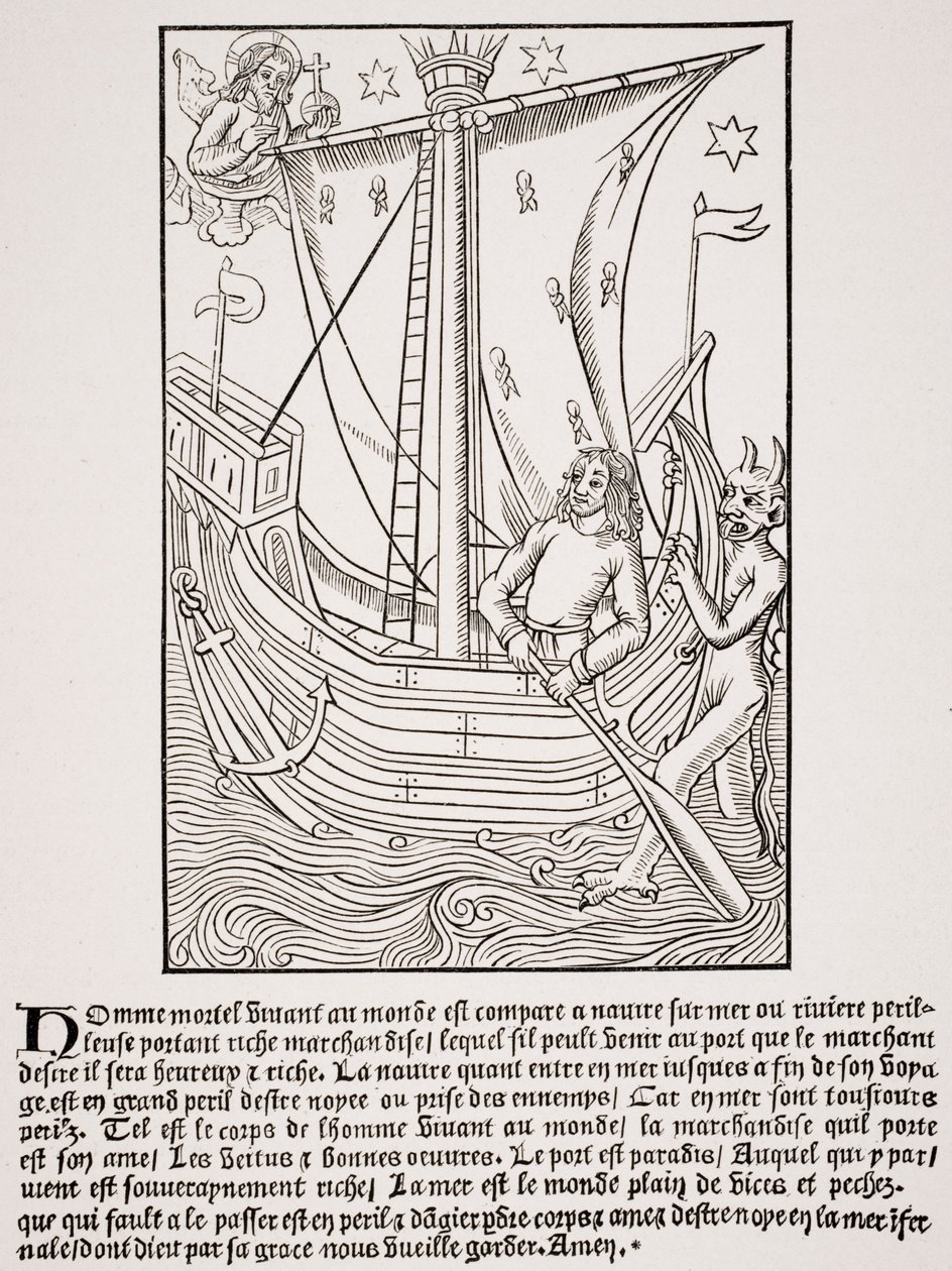 سفينة تجارية في عاصفة ، فاكس من قطع خشبية في "Grand Kalendrier et Compost des Bergers" من قبل نيكولاس دي روج ، طبع c.1490 ، من "Le Moyen Age et La Renaissance" بقلم Paul Lacroix (1806-84) حانة بواسطة المدرسة الفرنسية