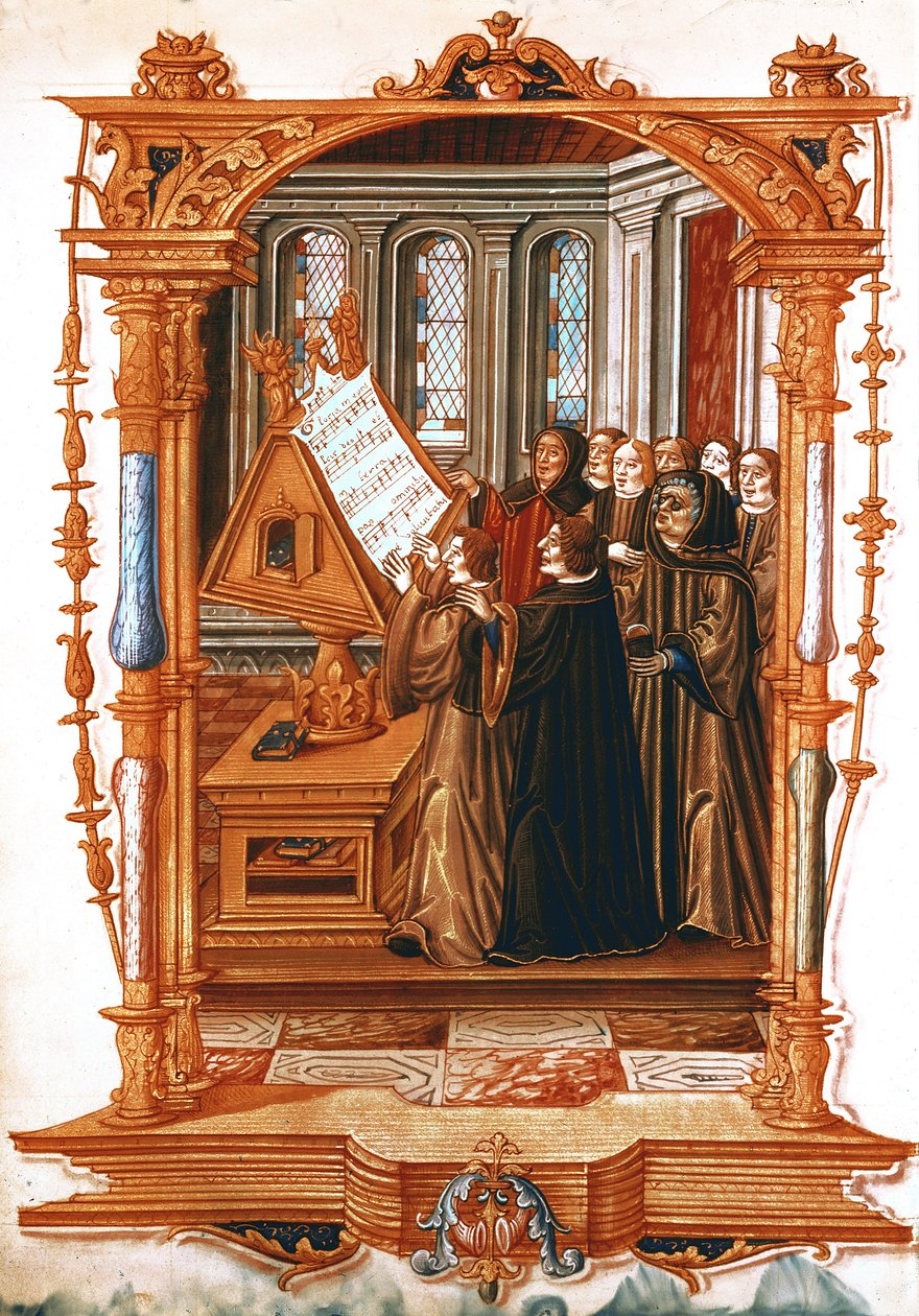 السيدة Fr 1537 ، ص 58v ، رسم توضيحي من "Chants Royaux sur la Conception Couronnee du Puy de Rouan" ، يصور الجوقة التي تغني غلوريا ، التي أجراها جان أوكغيم (1410-97) ، 1519-26 بواسطة المدرسة الفرنسية
