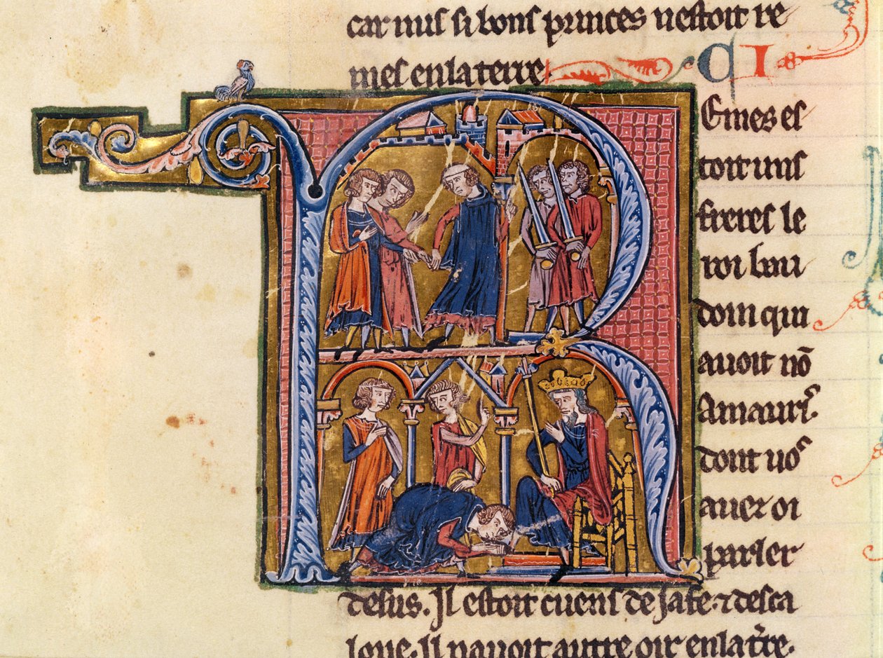 السيدة Fr 9081 fol.245v تاريخية "R" أولية تصور السلطان وهو يرسل رسله إلى الخليفة المصري والسلطان يقبل أقدام الخليفة من "Histoire de Jerusalem" بقلم ويليام بواسطة المدرسة الفرنسية