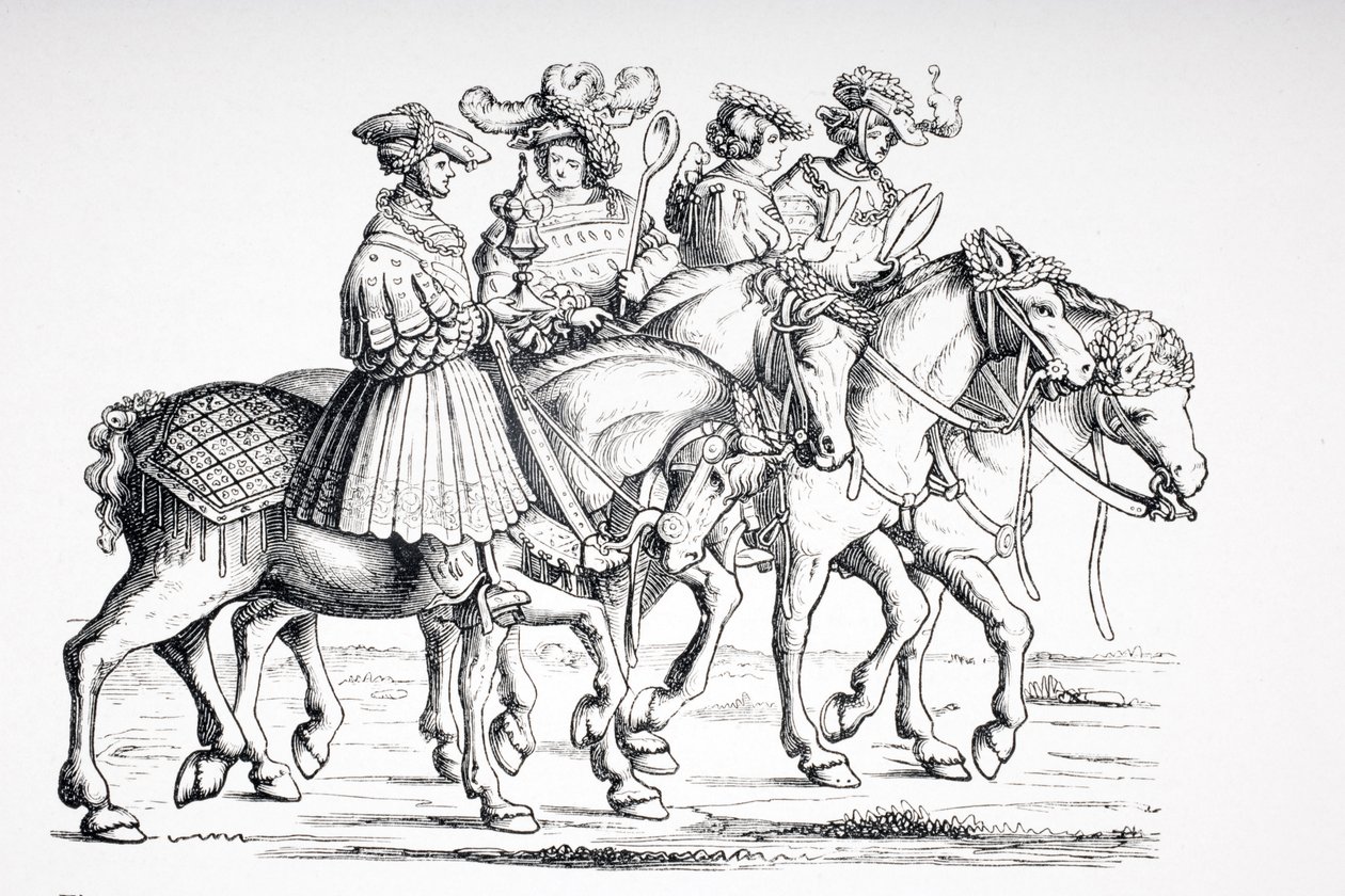 ضباط المائدة وغرفة المحكمة الإمبراطورية في ماكسيميليان الأول ، بعد نقش عام 1512 في "Triomphe de Maximilian I" ، من "Le Moyen Age et La Renaissance" بواسطة Paul Lacroix (1806-84 بواسطة المدرسة الفرنسية