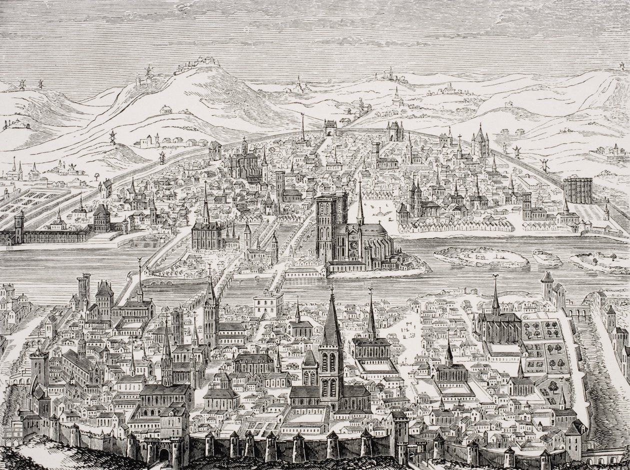 عرض منظوري لباريس ، فاكس من صفيحة نحاسية بقلم ليونارد غوتييه (1561-1641) 1607 ، من "Le Moyen Age et La Renaissance" بقلم بول لاكروا (1806-1884) نشر عام 1847 بواسطة المدرسة الفرنسية