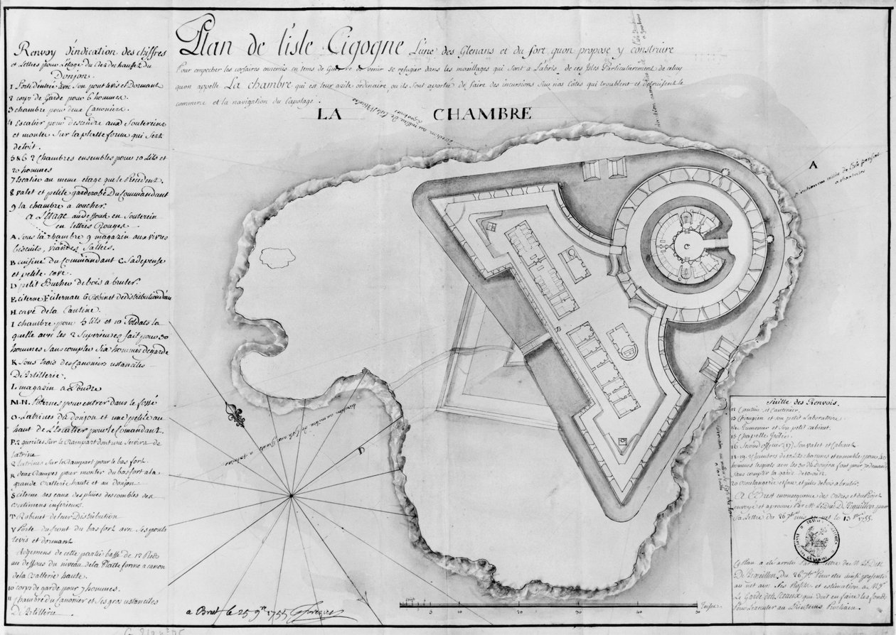 مخطط Ile Cigogne ومشروع القلعة ، Archipel des Glenan ، 1745 (قلم رصاص ومرحاض على ورق) بواسطة المدرسة الفرنسية