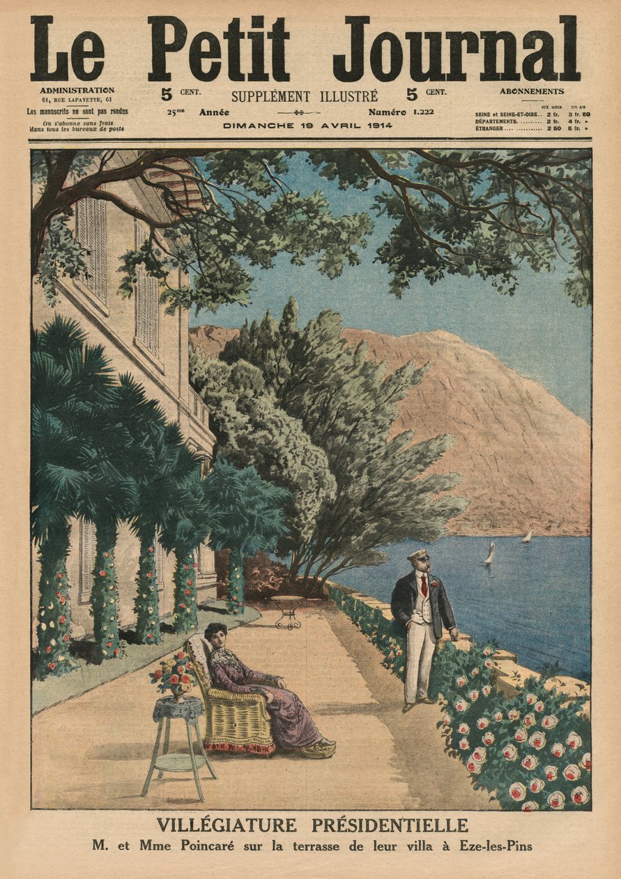 عطلة رئاسية ، Monsieur et Madame Poincare على شرفة الفيلا الخاصة بهم في Eze-les-Pins ، صورة الغلاف الأمامي من "Le Petit Journal" ، ملحق illustre ، 19 أبريل 1914 بواسطة المدرسة الفرنسية