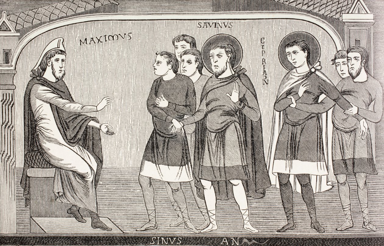 اعتراف القديسين سافين وقبرصي لـ Proconsul Galerius Maximus بأنهما مسيحيان ، من "الحياة العسكرية والدينية في العصور الوسطى" بقلم بول لاكروا ، لندن المنشورة 1880 بواسطة المدرسة الفرنسية