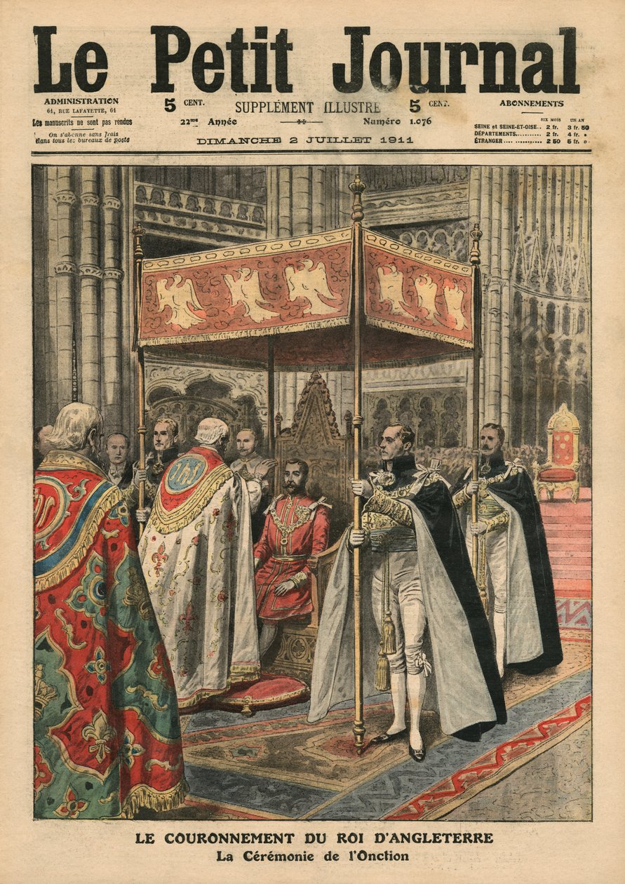 تتويج الملك جورج الخامس (1865-1936) وحفل Unction at Westminster Abbey ، 23 يونيو 1911 ، توضيح من `` Le Petit Journal &39;&39; ، ملحق illustre ، 2 يوليو 1911 بواسطة المدرسة الفرنسية