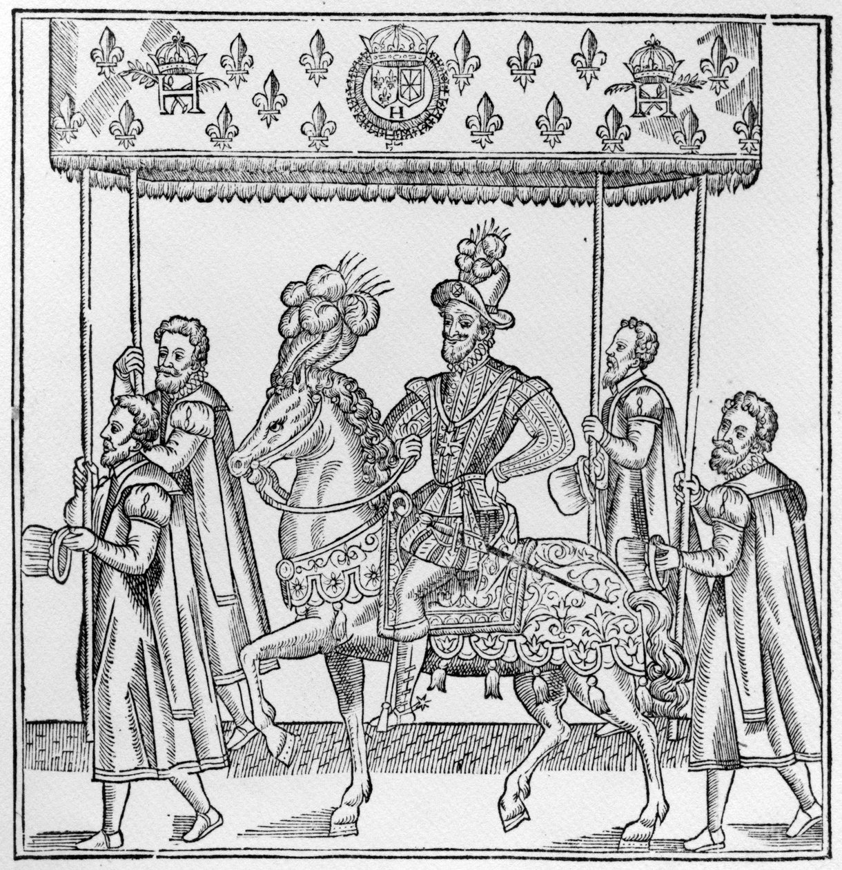 دخول هنري الرابع إلى روان ، 16 أكتوبر 1596 ، رسم توضيحي من `` Discours de la Ioyeuse et triomphante entree de Henry IIII faicte en son ville de Rouën &39;&39; ، نشر في 1599 (نقش خشبي) بواسطة المدرسة الفرنسية