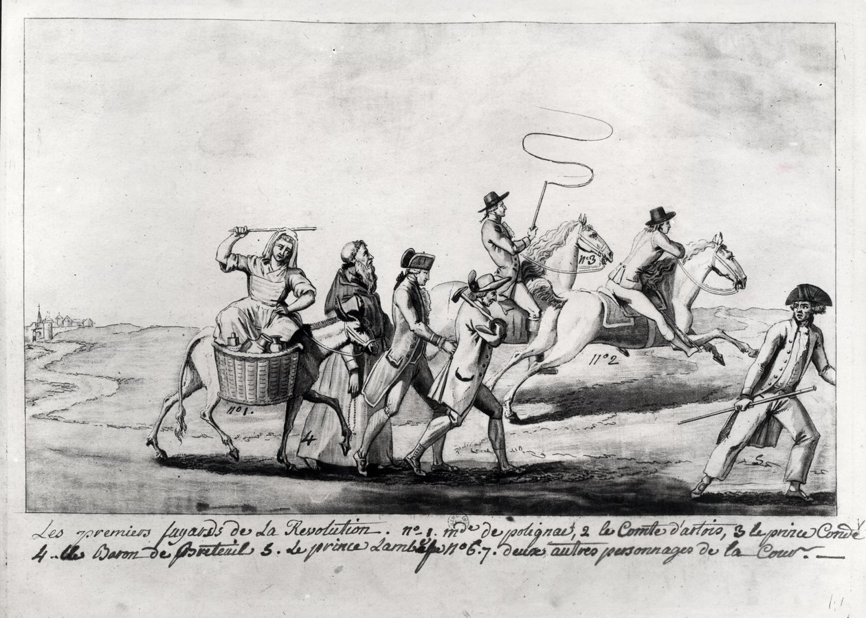 الهاربين الأولين للثورة: السيدة دي بوليجناك (1749-93) ، كومت درتويس (1757-1836) المستقبل تشارلز العاشر ، لويس جوزيف (1736-1818) برينس دي كوندي ، بارون دي بريتويل (1730-1807) ، الأمير لمبي و بواسطة المدرسة الفرنسية