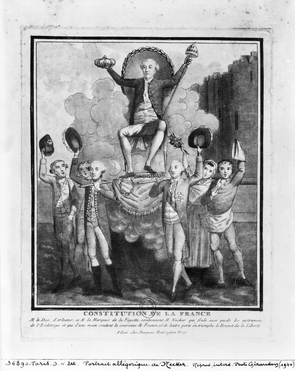 الدستور الفرنسي: صورة مجازية لجاك نيكر (1732-1804) التي رفعها لويس فيليب جوزيف (1747-1993) دوك دورليانز وماري جوزيف (1757-1834) ماركيز دي لا فاييت ، 1789-99 (engrav بواسطة المدرسة الفرنسية