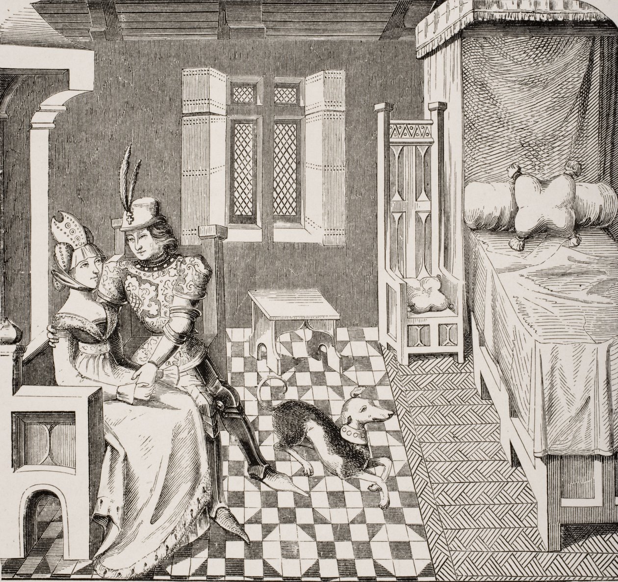 الفارس وسيدة ، بعد صورة مصغرة توضح قصيدة "عطية" لكريستين دي بيسان (1363-1430) من "Le Moyen Age et La Renaissance" بقلم بول لاكروا (1806-1884) المنشورة عام 1847 بواسطة المدرسة الفرنسية