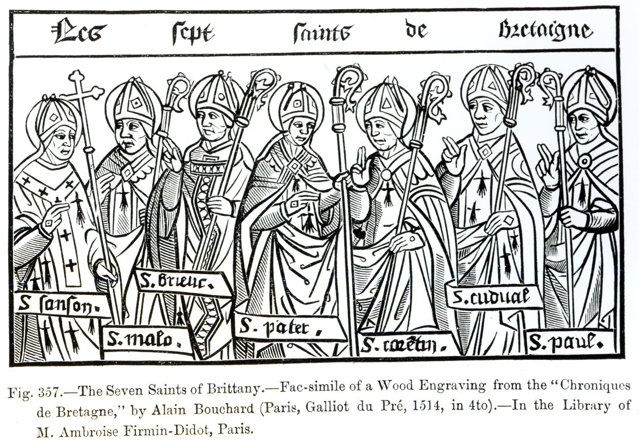 القديسين السبعة في بريتاني ، من "Chroniques de Bretagne&39;by Alain Bouchard ، 1514 ، توضيح من" العلوم والأدب في العصور الوسطى وعصر النهضة "، كتبه ونقشه Paul Lacroix ، بواسطة المدرسة الفرنسية