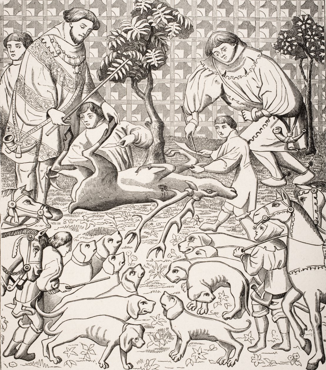 The Way to Skin and Cut a a Stag ، بعد القرن الخامس عشر في "Des Deduits de la Chasse des Bestes Sauvages" بواسطة Gaston Phoebus ، من "Le Moyen Age et La Renaissance" بواسطة Paul Lacroix (1806-84) نشر 1 بواسطة المدرسة الفرنسية
