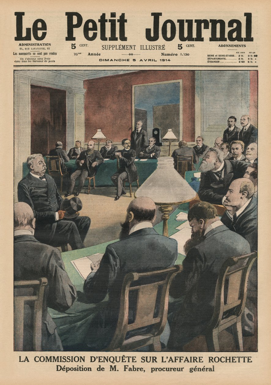 لجنة التحقيق في قضية Rochette ، دليل السيد Monsieur Fabre ، المدعي العام ، رسم توضيحي للغلاف الأمامي من &39;Le Petit Journal&39; ، ملحق Illustre ، 5 أبريل 1914 بواسطة المدرسة الفرنسية