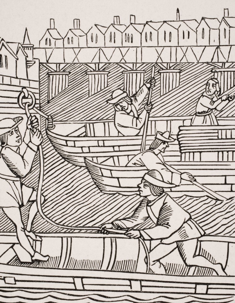حصيلة تحت جسور باريس ، بعد قطع خشبية في "Ordonnances de la Prevoste des Marchands de Paris" ، 1500 ، من "Le Moyen Age et La Renaissance" بواسطة Paul Lacroix (1806-84) نشر عام 1847 بواسطة المدرسة الفرنسية