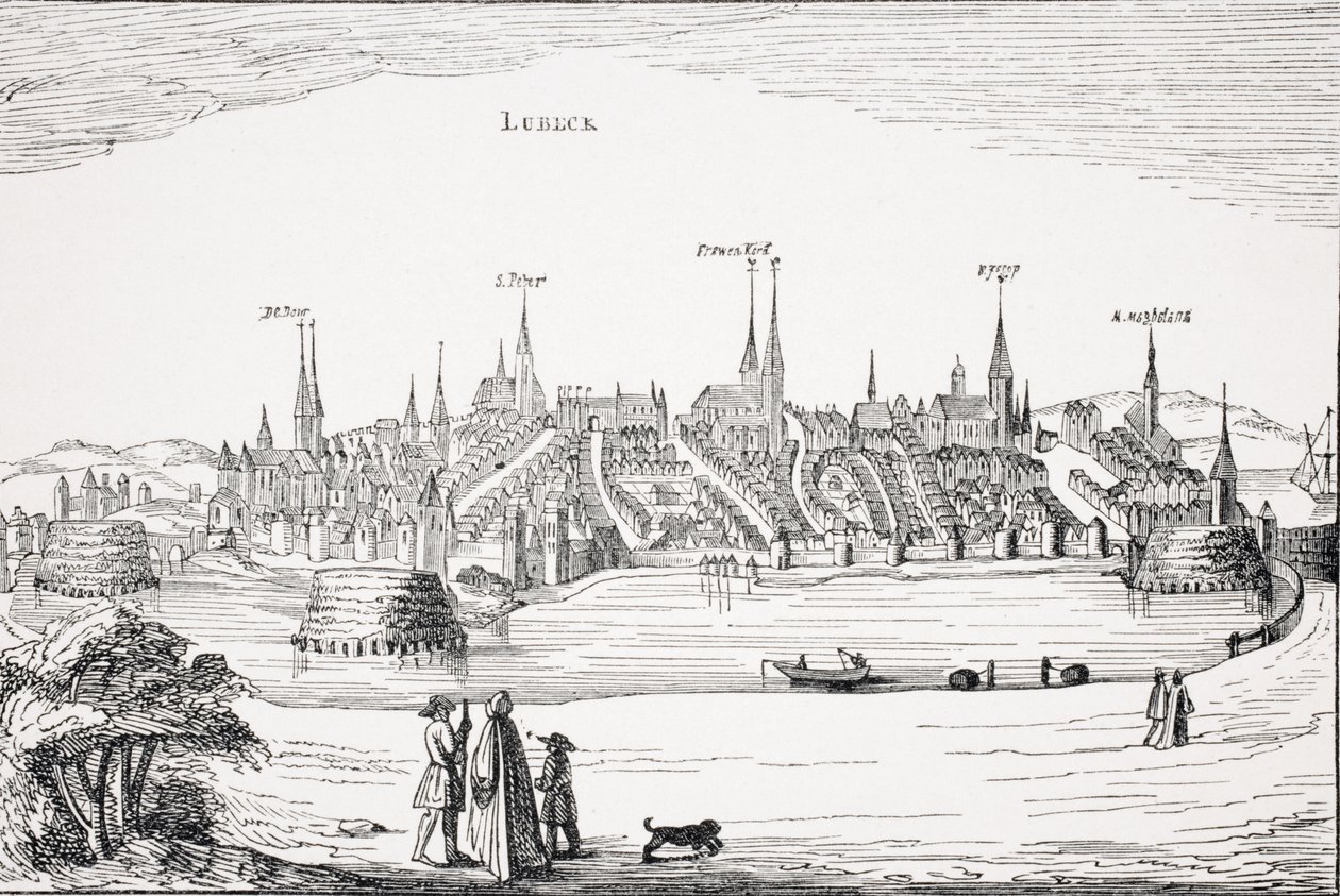 منظر لوبيك ومرفأها في القرن السادس عشر ، بعد صفيحة نحاسية في "Commentaria Rerum Germanicarum" بقلم P. Bertius ، نُشرت في أمستردام ، 1616 ، من "Le Moyen Age et La Renaissance" بواسطة Paul بواسطة المدرسة الفرنسية