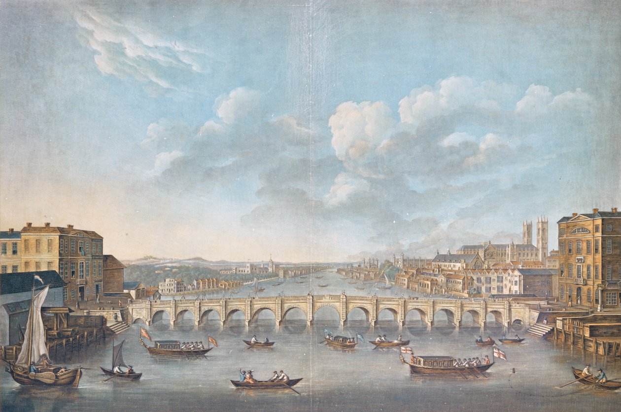 منظر لجسر ويستمنستر ، محفور بواسطة بيير ميشيل أليكس (1762-1817) ، 1799 (نقش الألوان) بواسطة المدرسة الفرنسية