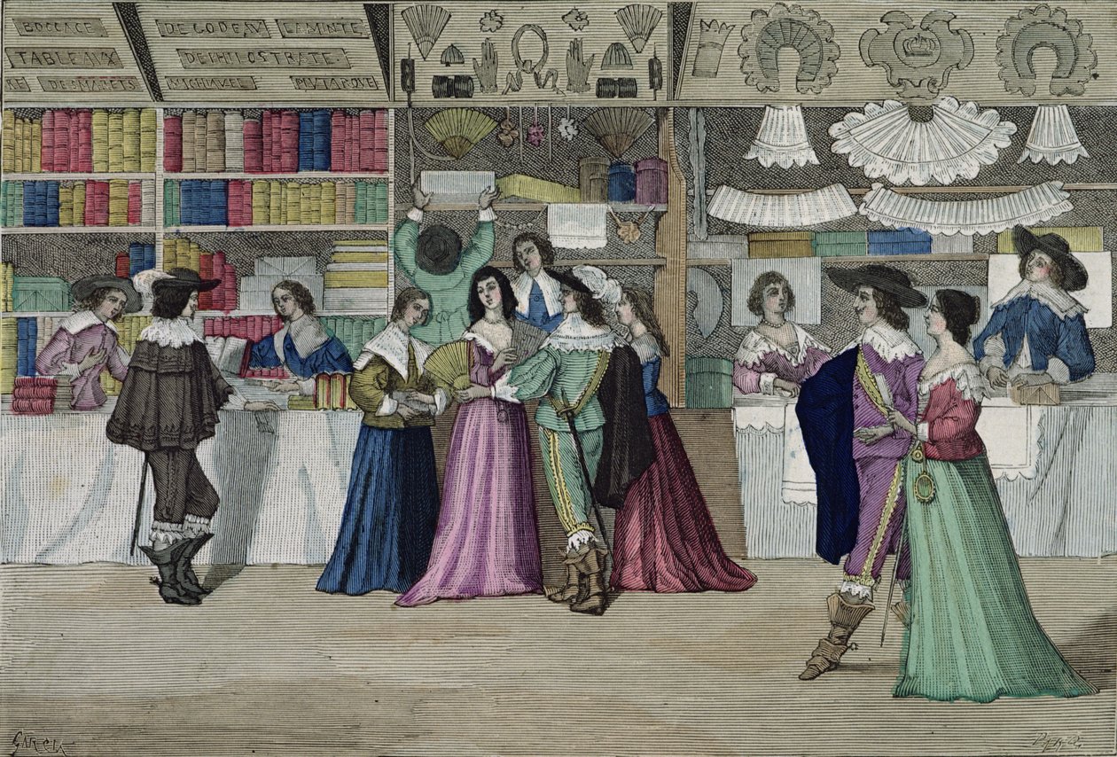 متاجر في معرض قصر العدل في وقت لويس الثالث عشر (1601-43) من "أزياء باريس ترافيرس لي سيكلز". روي ، نشر 1887 (نقش الألوان) بواسطة جارسيا