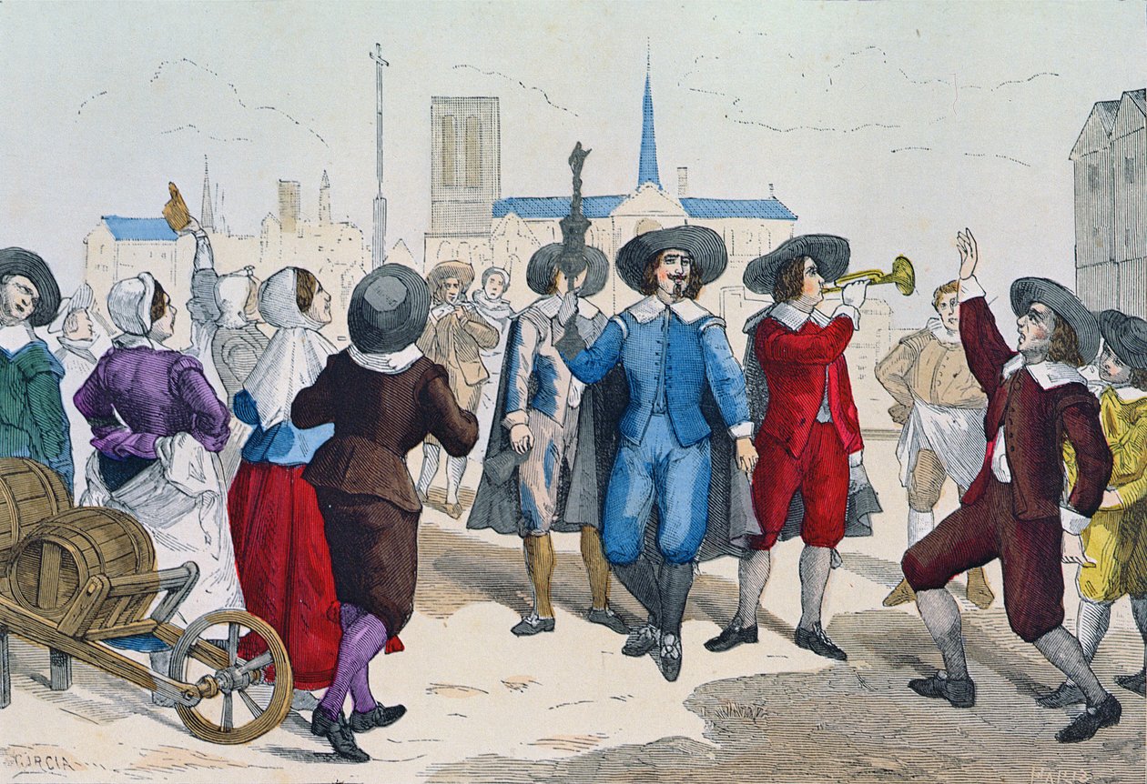 اعتاد بائعو النبيذ على المرور في الشوارع في وقت لويس الثالث عشر (1601-1643) مسبوقًا بقائدهم يحمل كأسًا فضيًا ، من مجلة &39;Costumes de Paris a Travers les Siecles&39;. روي ، نشر 188 بواسطة جارسيا