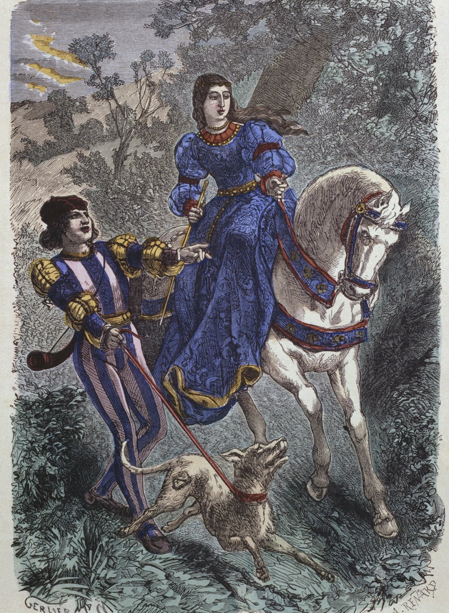 أزياء الصيد في القرن الخامس عشر ، امرأة شابة تركب مع سلالتها ، توضيح من `` أزياء باريس travers les siecles &39;&39; بواسطة H. Gourdon de Genouillac ، منقوش بواسطة A. Renard (القرن التاسع عشر) (col بواسطة جرلير