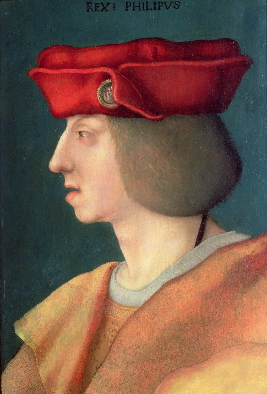 الملك فيليب الأول `` وسيم &39;&39; إسبانيا (1478-1506): نجل الإمبراطور ماكسيميليان الأول (1459-1519) وماري بورجوندي (1457-82) وزوج جوانا قشتالة (1479-1555) (لوحة) بواسطة المدرسة الألمانية