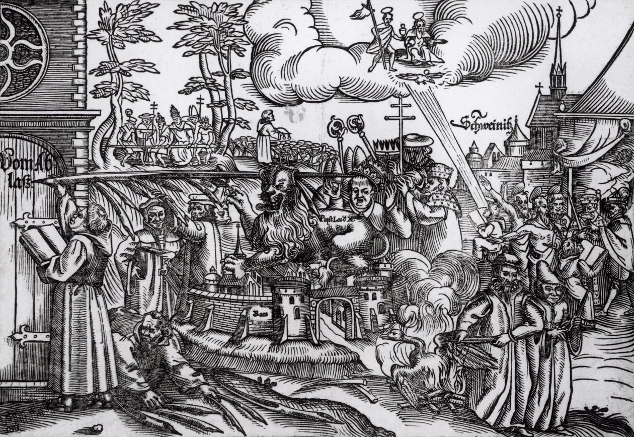 مارتن لوثر (1483-1546) يكتب على باب الكنيسة في فيتنبرغ عام 1517 (نقش خشبي) (صور من وزن الجسم) بواسطة المدرسة الألمانية