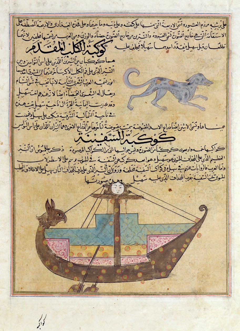 السيدة E-7 fol.26b كوكبات الكلب والعارضة ، توضيح من "عجائب الخلق وفضول الوجود" بقلم زكريا بن محمد القزويني بواسطة مدرسة إسلامية