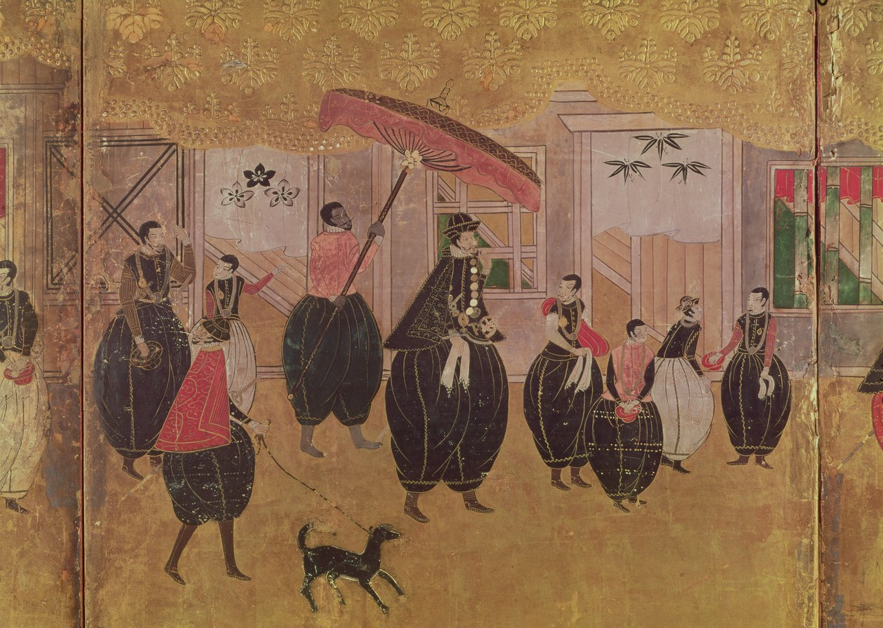 القديس فرنسيس كزافييه (1506-51) وحاشيته ، تفاصيل الجزء الأيمن من شاشة قابلة للطي تصور وصول البرتغاليين إلى اليابان ، مدرسة كانو (ورنيش) بواسطة المدرسة اليابانية