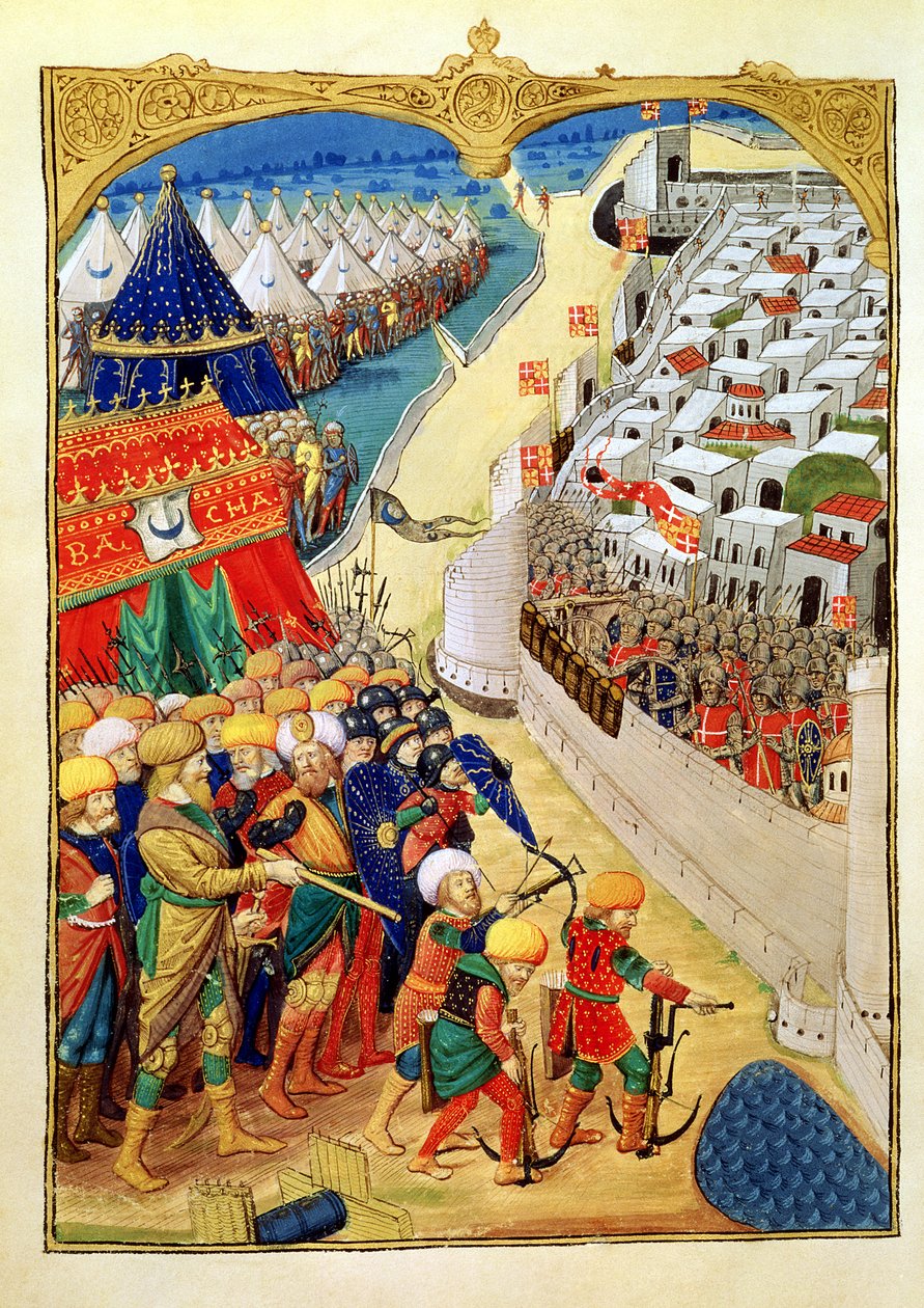 Lat 6067 f.55v القوات التركية تستعد للمعركة خارج أسوار رودس عام 1480 ، من "تاريخ حصار رودس" بقلم غيوم كاورسين ، 1483 بواسطة ماجستير الكاردينال دي بوربون