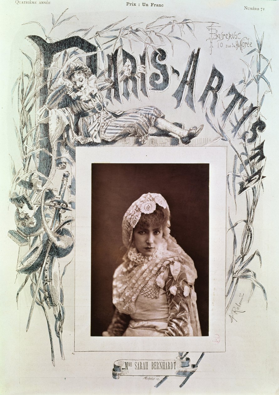 سارة برنهاردت (1844-1923) في دور ماريون ديلورم في مسرح دي لا بورت سان مارتن ، رسم توضيحي لغلاف مجلة "باريس أرتيست" ، لا. 71 ، منقوش بواسطة Michelet (وسائط مختلطة) بواسطة نادار