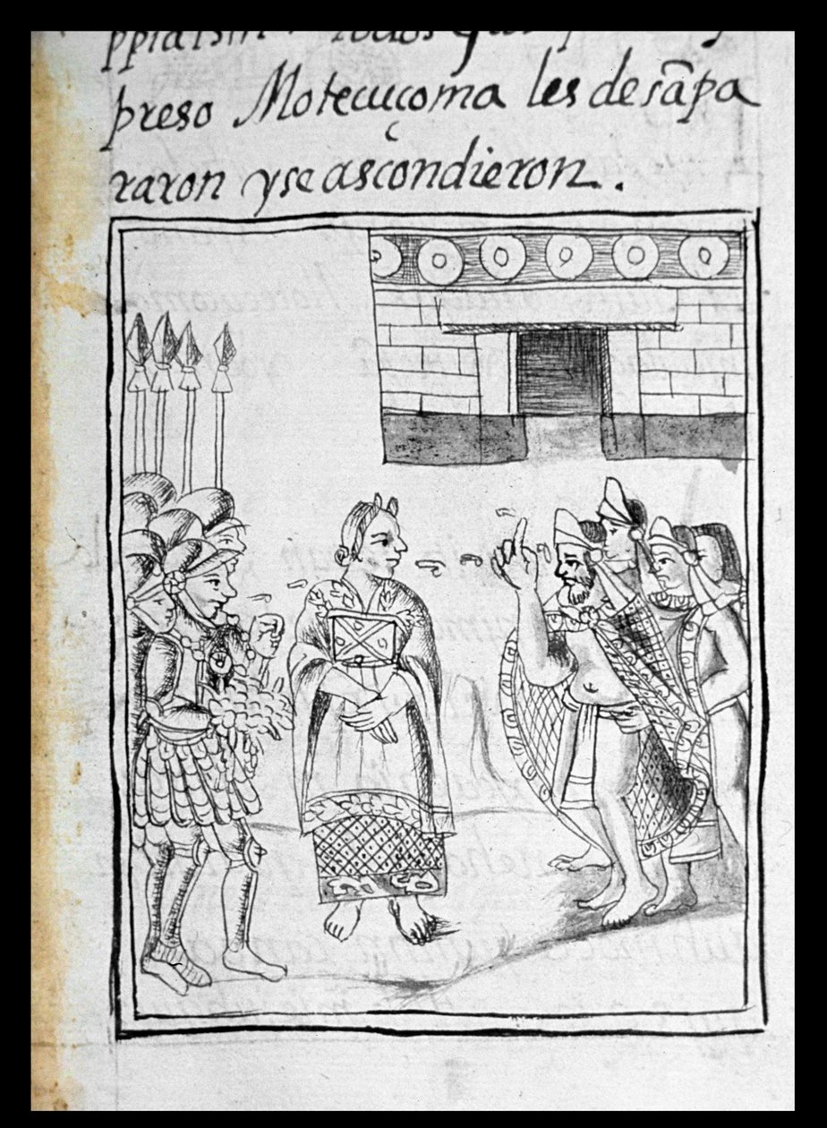 السيدة بالات. 218-220 كتاب IX Marina يفسر للإسبان في اجتماع بين هيرناندو كورتيس ومونتيزوما (1466-1520) ، من "مجلد فلورنتين" بقلم برناردينو دي ساهاجون ، c.1540-85 بواسطة المدرسة الاسبانية