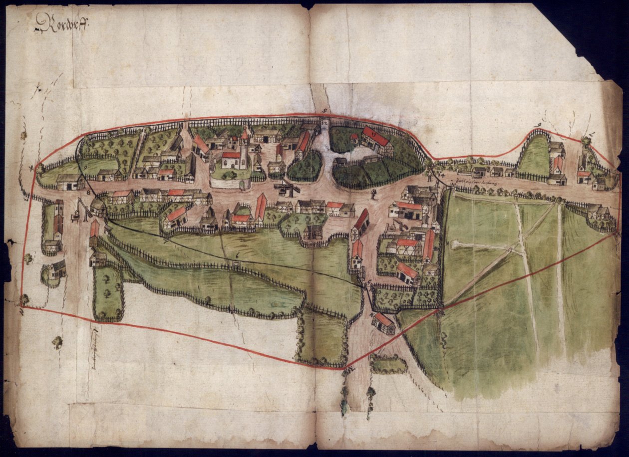 منظر لقرية Rohrdorf بالقرب من Meßkjirch على خريطة عرض عين الطائر من 1576 بواسطة غير معروف
