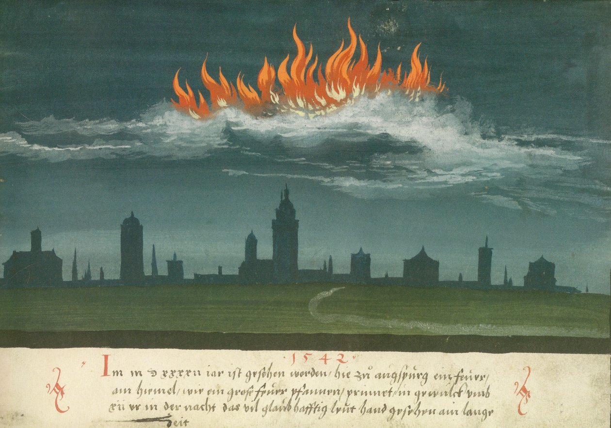 Augsburger Wunderzeichenbuch - الورقة 144: حريق السماء فوق أوغسبورغ 1542 بواسطة غير معروف