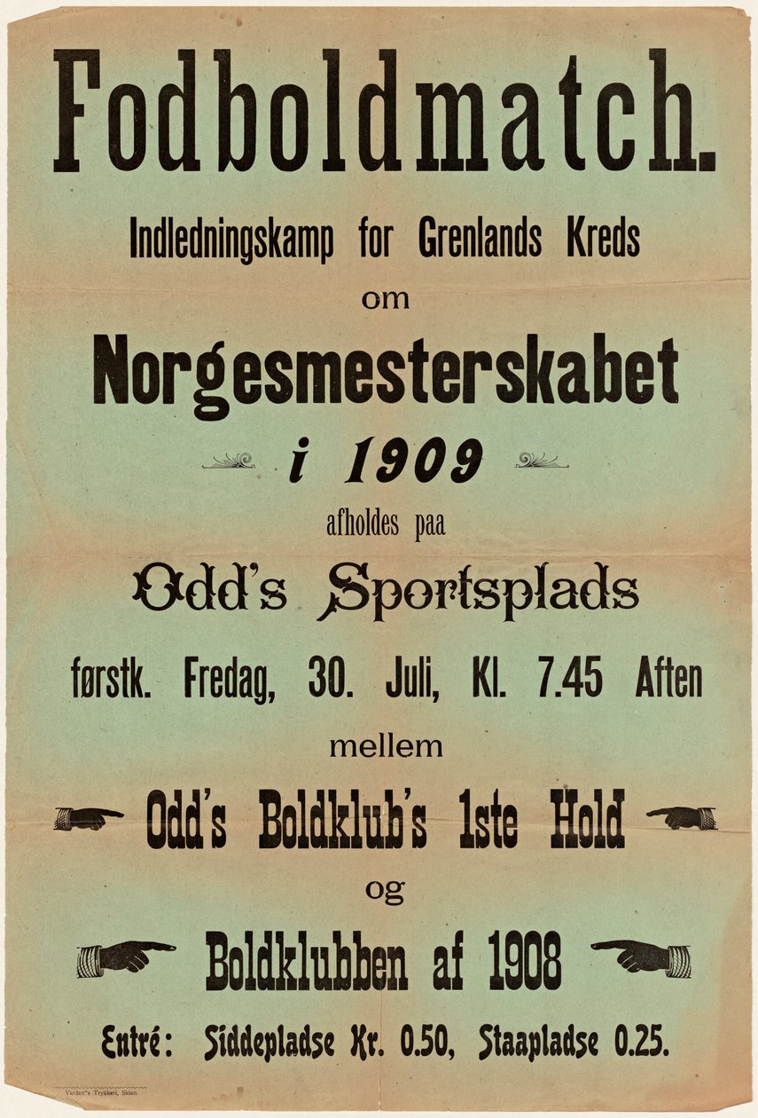 مباراة كرة قدم. ستقام المباراة الافتتاحية لدائرة جرينلاند في البطولة النرويجية عام 1909 في Odd&39;s Sportsground أولاً. بواسطة غير معروف