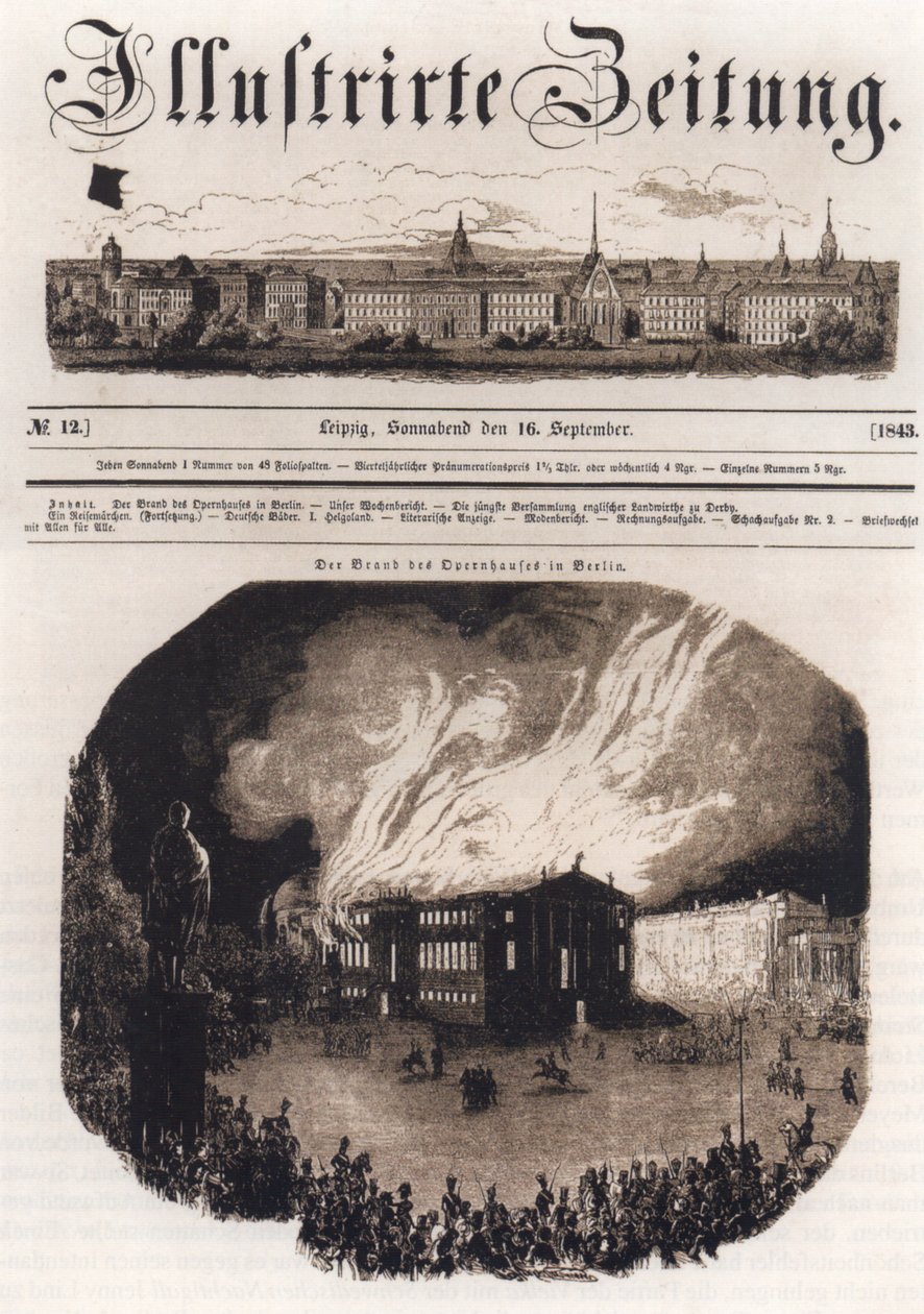 صفحة عنوان Leizpiger Illustrirten Zeitung ، 16 سبتمبر 1843 ، مع توضيح لنيران دار الأوبرا في برلين في 18 أغسطس 1843 بواسطة غير معروف