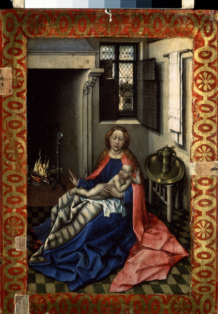 "" مادونا والطفل بالقرب من مدفأة "" (العذراء والطفل بجوار المدفأة) الجزء الأيمن من diptych. رسم على الخشب لروبرت كامبين ، المعروف باسم سيد فليمال (1375-1444) حوالي 1430 قاتمة .34.3x24.5 سم متحف هيرميتاج ، سانت بطرسبرغ بواسطة ماجستير في Flémalle