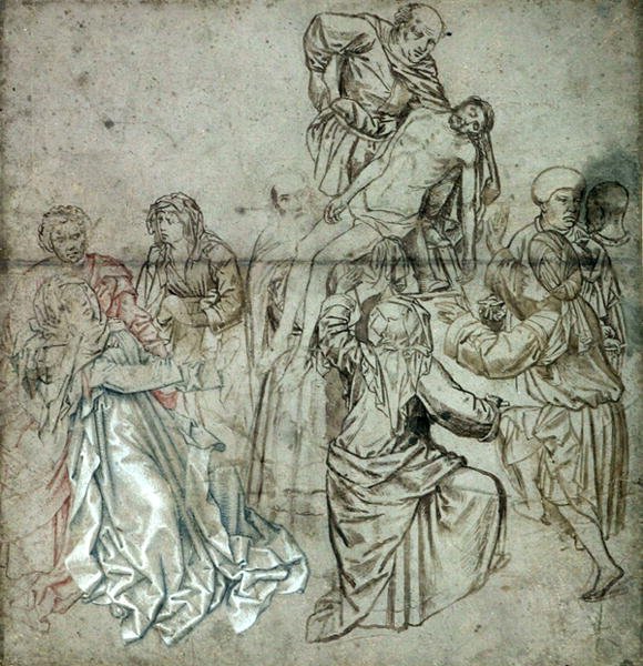 لوحة مركزية للثلاثي المفقود من قبل كامبين ، ربما رسمها فرانك فان دير ستوك (1424-95) (قلم وطباشير على ورق) بواسطة ماجستير في Flémalle