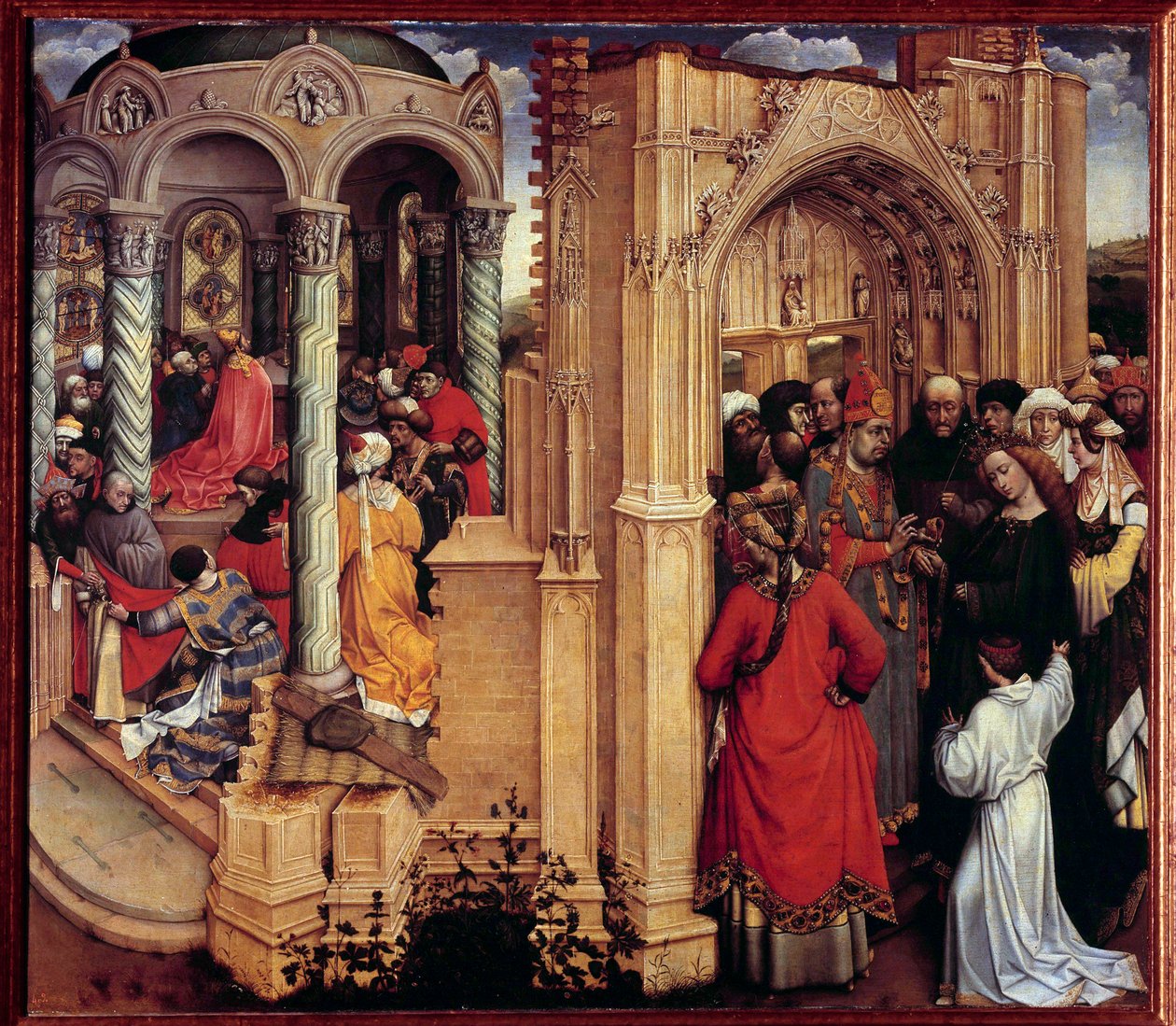 The Marriage of the Virgin Wood Painting by Robert Campin called the Master of Flemalle (1375-1444) 15th century Sun. 0.77x0.88 m Madrid, Prado Museum - The Marriage of the Virgin. Painting on wood by Robert Campin known as the Master of Flemalle (1375-144 بواسطة ماجستير في Flémalle