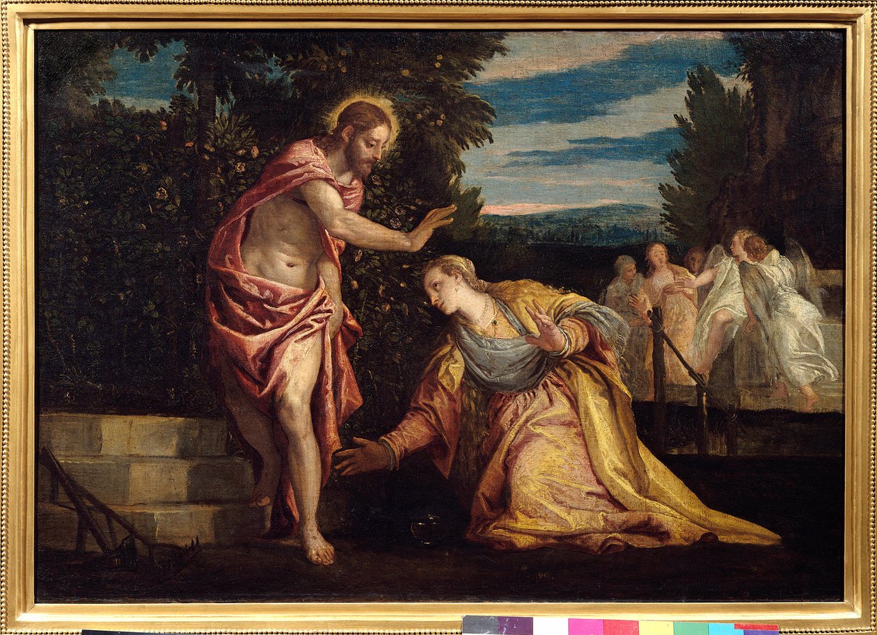ظهور المسيح على مادلين (نولي لي تانجير) لوحة لباولو فيرونيز (1528-1588) قاتمة. 0.67 × 0.97 م. غرونوبل. Musee Des Beaux Arts - ظهور المسيح لمريم المجدلية (نولي مي تانجير). لوحة لباولو فيرونيز (1528-1588). 0.67 × 0.95 م. بي بواسطة فيرونيز