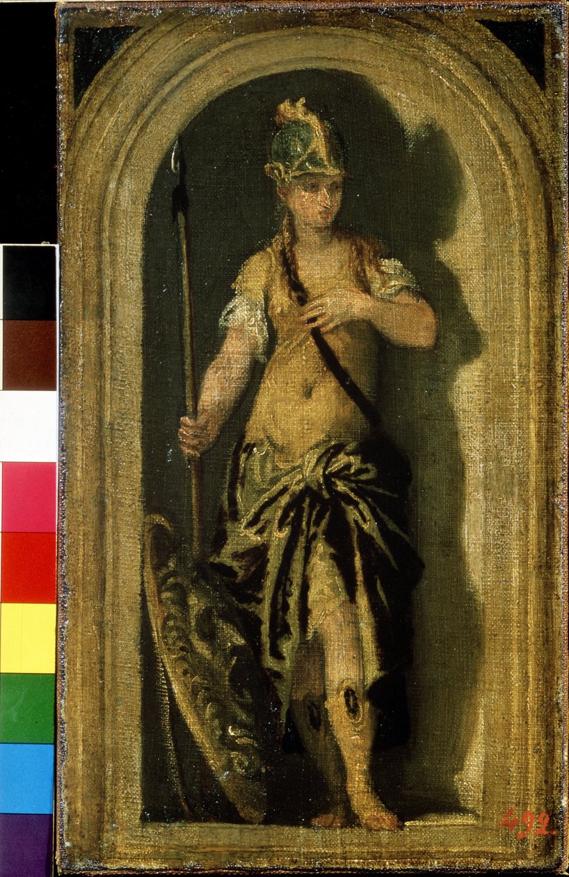 مينيرفا (مينيركا). بجانبها ، درعها برأس جورجون ميدوسا. لوحة لباولو فيرونيز (1528-1588). زيت على قماش ، 28 × 16 سم ، حوالي 1560. فن البندقية ، عصر النهضة الإيطالية. متحف بوشكين للفنون الجميلة ، موسكو. بواسطة فيرونيز