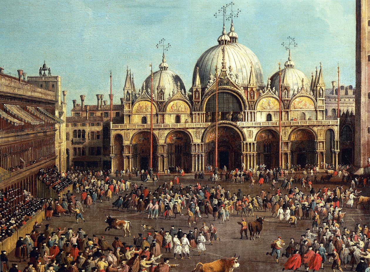 مصارعة الثيران أو صيد الثيران في ساحة سان ماركو ، بواسطة قناة جيوفاني أنطونيو ، المعروفة باسم كاناليتو (1697-1768) وجيوفاني باتيستا سيمارولي (1687 بعد 1753) ، زيت على قماش ، 99 × 145 سم بواسطة كاناليتو