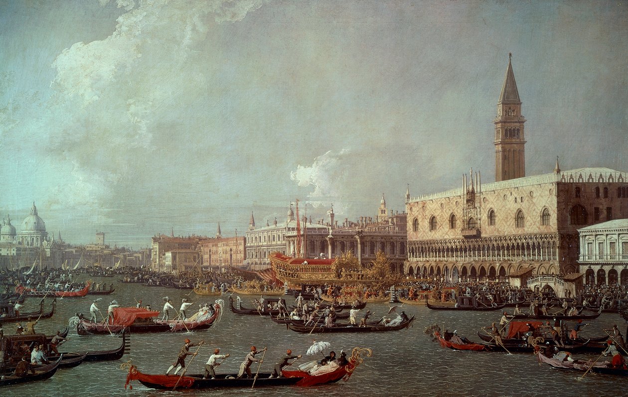 عودة بوكينتور إلى الرصيف في يوم الصعود ، حوالي عام 1760 ، بواسطة قناة جيوفاني أنطونيو المعروفة باسم كاناليتو (1697-1768) ، زيت على قماش بواسطة (1697-1768) كاناليتو