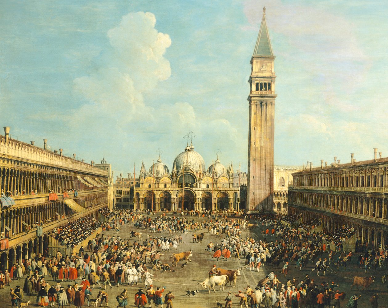 Bullfighting or Bull hunting in Piazza San Marco, by Giovanni Antonio Canal, known as Canaletto (1697-1768) and by Giovanni Battista Cimaroli (1687-after 1753), oil on canvas, 99x145 cm بواسطة كاناليتو