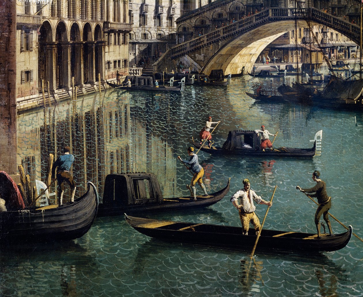 The Rialto Bridge in Venice, detail (oil on canvas) بواسطة كاناليتو