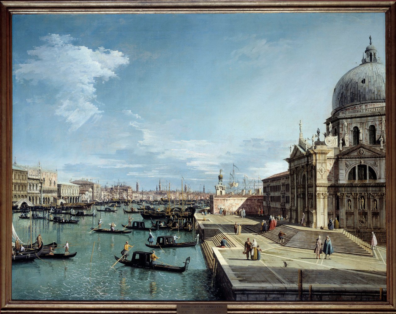 منظر لمدخل القناة الكبرى وكنيسة التحية في البندقية لوحة أنطونيو كانال ديت كاناليتو (1697-1768) شمس القرن الثامن عشر. 1،19x1،53 م بواسطة كاناليتو