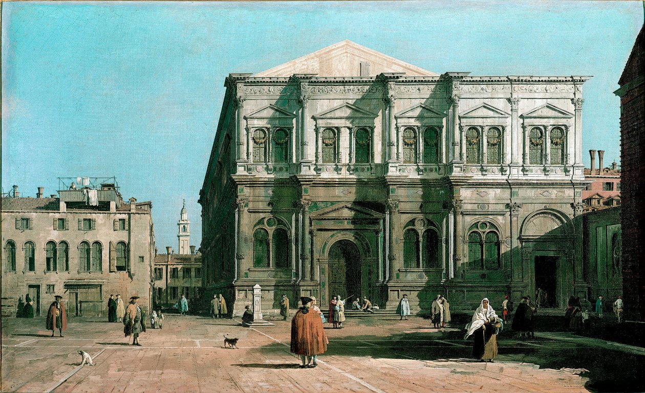 منظر لمدرسة سان روكو (سانت روش) في البندقية لوحة لجيوفاني أنطونيو المعروفة باسم كاناليتو (1697-1768) 1730-1731 الشمس. 47x80 سم إنجلترا ، Woburn Abbey بواسطة كاناليتو