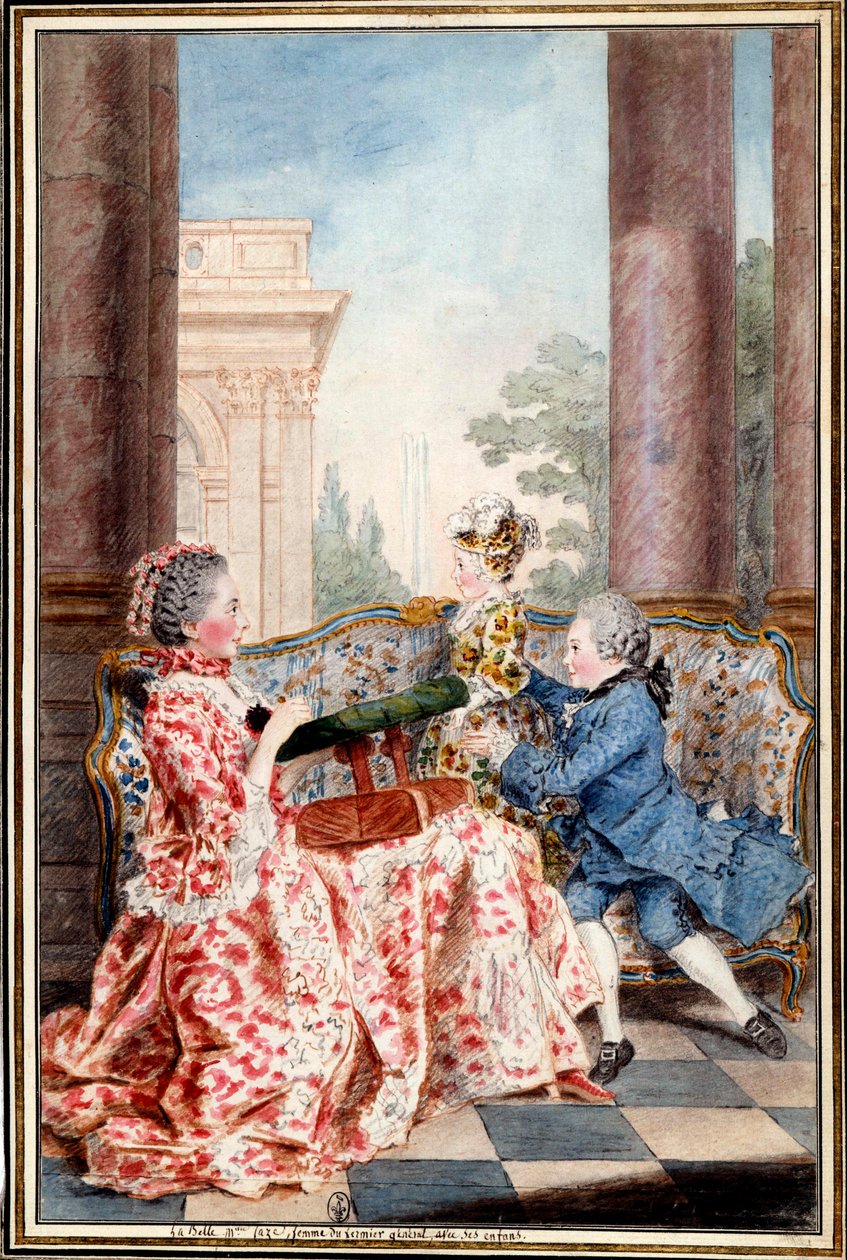 La belle Madame Caze, wife of the farmer general and her children Watercolour by Louis Carrogis (1717-1806) dit Carmontelle. 18th century Sun. 0,32x0,21 m Chantilly, musee conde بواسطة كارمونتيل