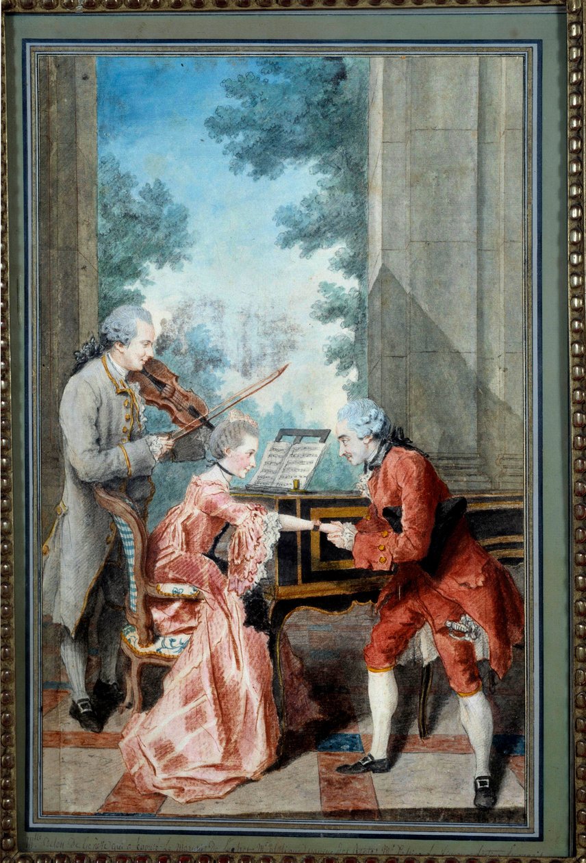Mademoiselle Delou, Monsieur Philippe and Monsieur de Texier A gentleman pays tribute to a young pianist. Watercolour by Louis Carrogis, dit Carmontelle (1717-1806) 18th century Paris, Musee Carnavalet - Mademoiselle Delou, Monsieur Philippe and Monsieur d بواسطة كارمونتيل