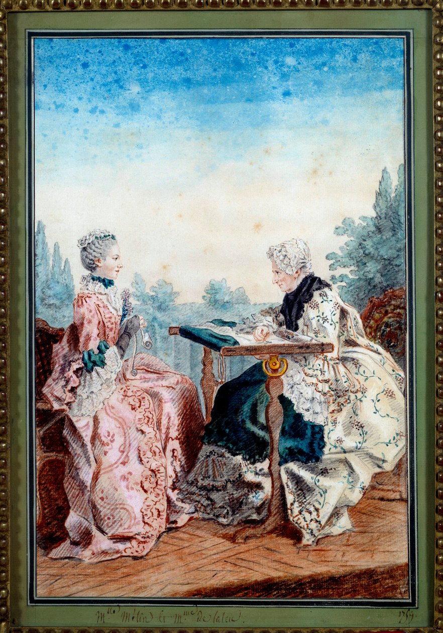 Mademoiselle Melin و Mademoiselle de Laleu يصنعان نسيجًا بالألوان المائية بواسطة Louis carrogis dit Carmontelle (1717-1806) 1759. باريس ، متحف كارنافالي بواسطة كارمونتيل